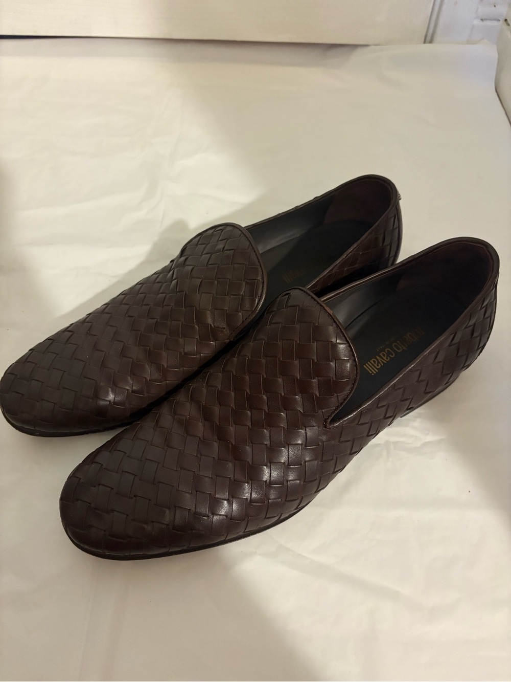 ROBERTO CAVALLI mens brown woven leather loafers